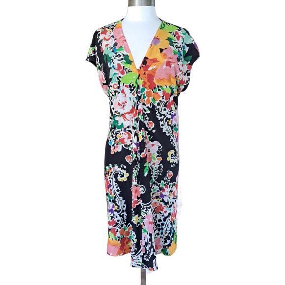 LAUREN Ralph Lauren Dark Floral Print Swingy Shift Dress Size 14 Cap Sleeve - Picture 2 of 11